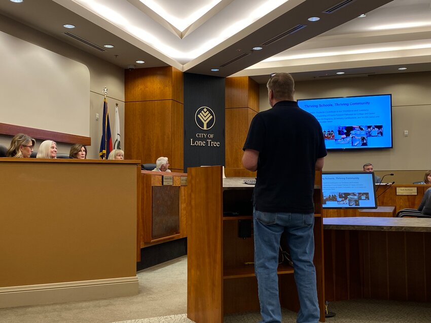 Mike Peterson, the Douglas County school board president, discussed the funding challenges the school district faces during a Sept. 5, 2023, meeting with the Lone Tree City Council.
